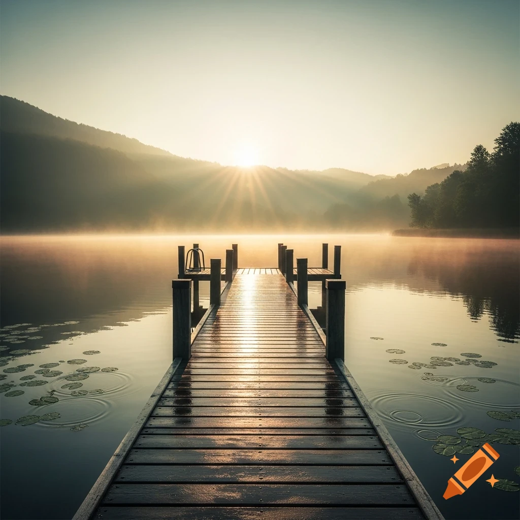 A wooden dock extends into a misty lake at sunrise, with bright sunbeams reflecting on the water and hills in the background.