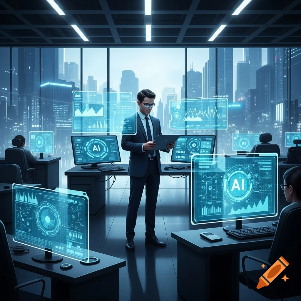 A man in a suit stands in a modern office, surrounded by glowing blue AI data screens and monitors, overlooking a city skyline.