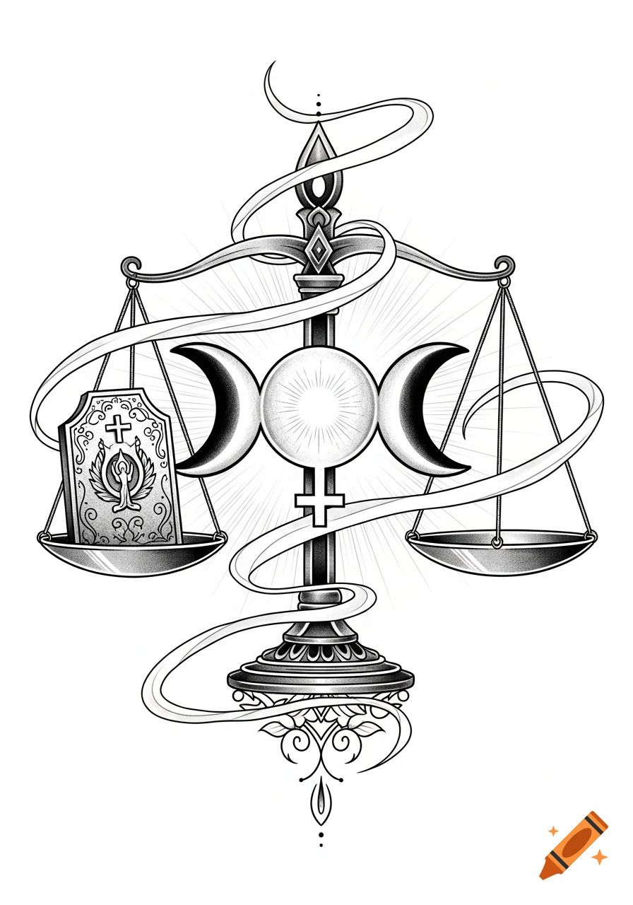 A black and white tattoo design featuring a central scale with a triple moon and Venus symbol, an ex-voto on the left pan, and radiating lines.