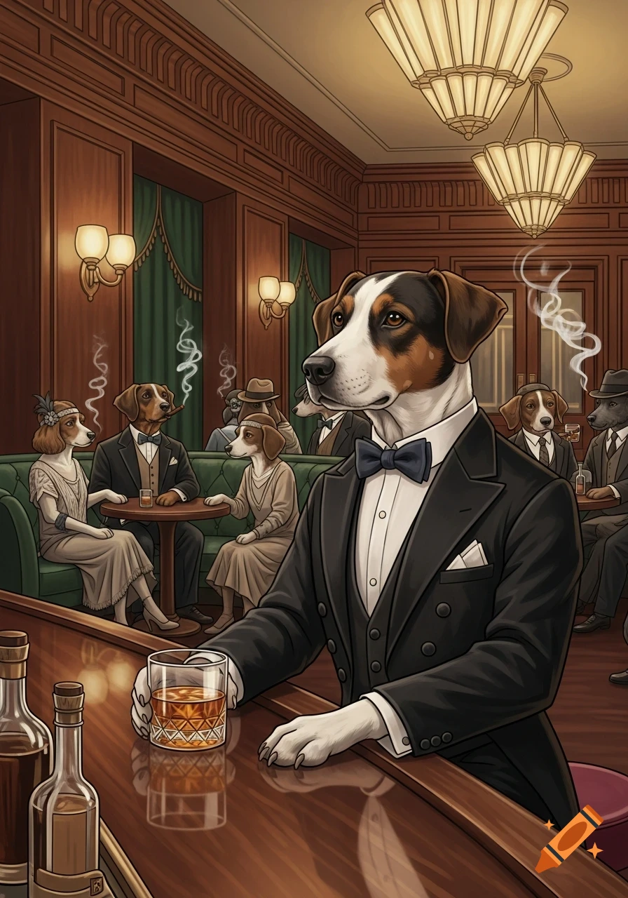 Illustrated scene of well-dressed anthropomorphic dogs in a 1920s London bar, with one dog holding a drink at the counter.