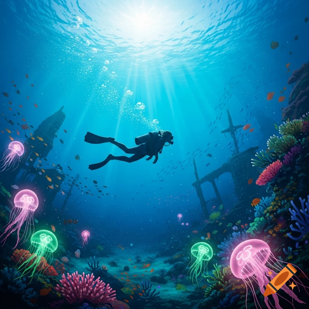 A scuba diver explores a vibrant, mystical underwater scene with shipwrecks, coral, fish, and glowing jellyfish, bathed in sun rays.