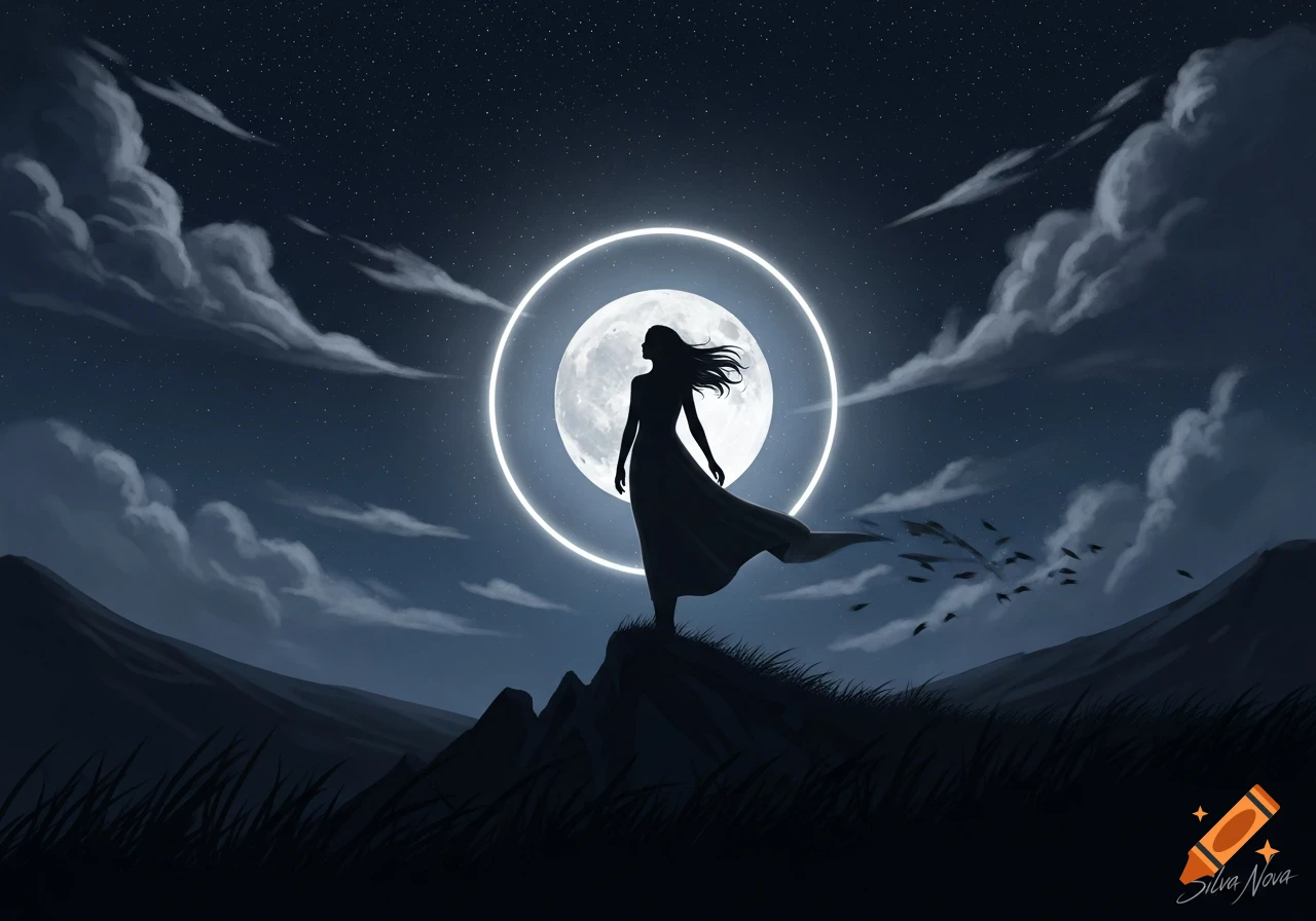 A stylized illustration of a woman's silhouette standing on a cliff against a large, glowing full moon and starry night sky.