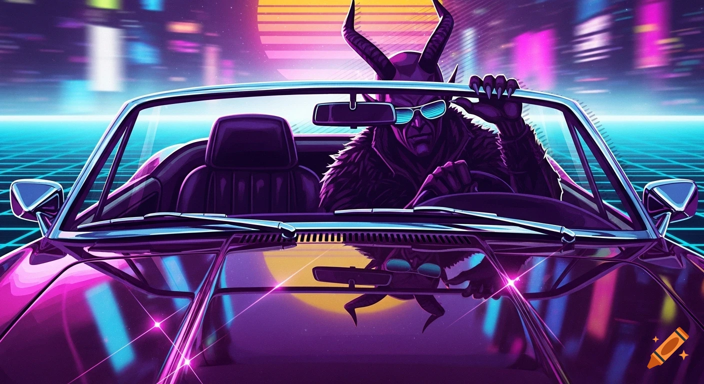 A stylized Krampus wearing sunglasses drives a purple sports car against a vibrant neon 80s synthwave background with a grid road.