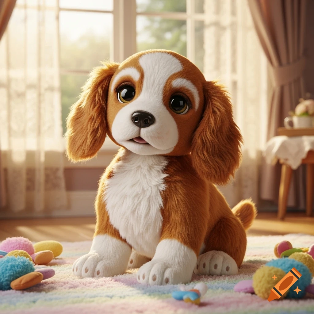 A cute, fluffy, brown and white animatronic puppy with large eyes sits on a colorful striped rug with toys in a sunny room.