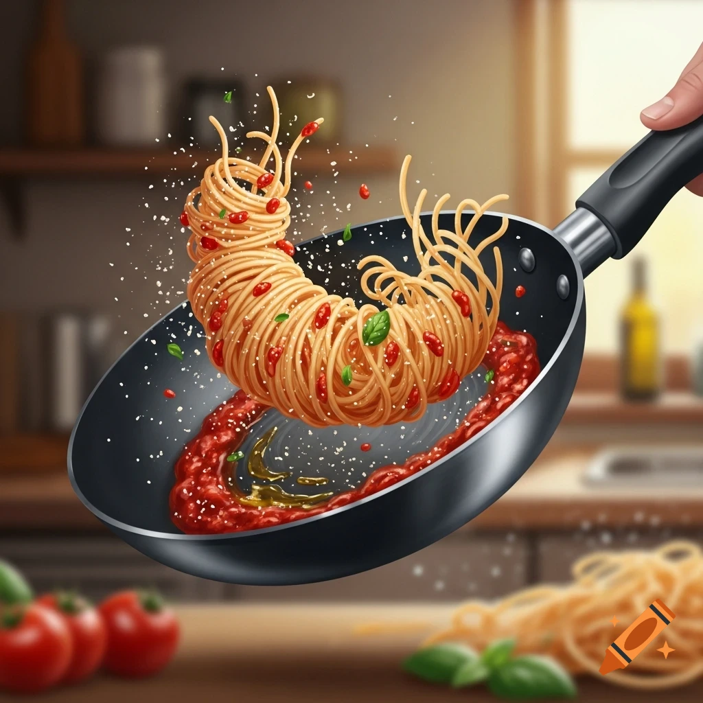 A stylized illustration of a black frying pan tossing spaghetti with red sauce, green basil, and white sprinkles into the air.
