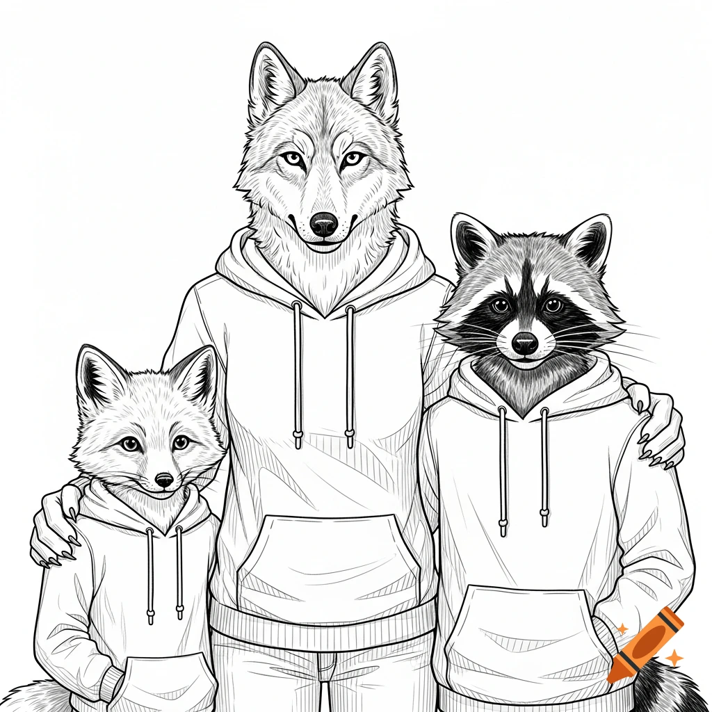 Black and white line art illustration of an anthropomorphic wolf, arctic fox, and raccoon in hoodies, standing together.