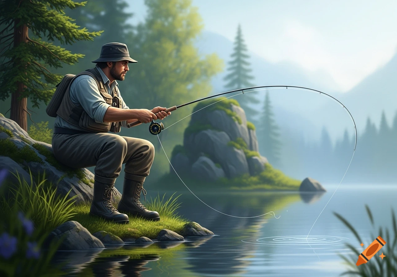 A man in a hat and vest sits on a rocky bank, fishing in a calm lake with a misty mountain and pine tree background, realistic illustration.