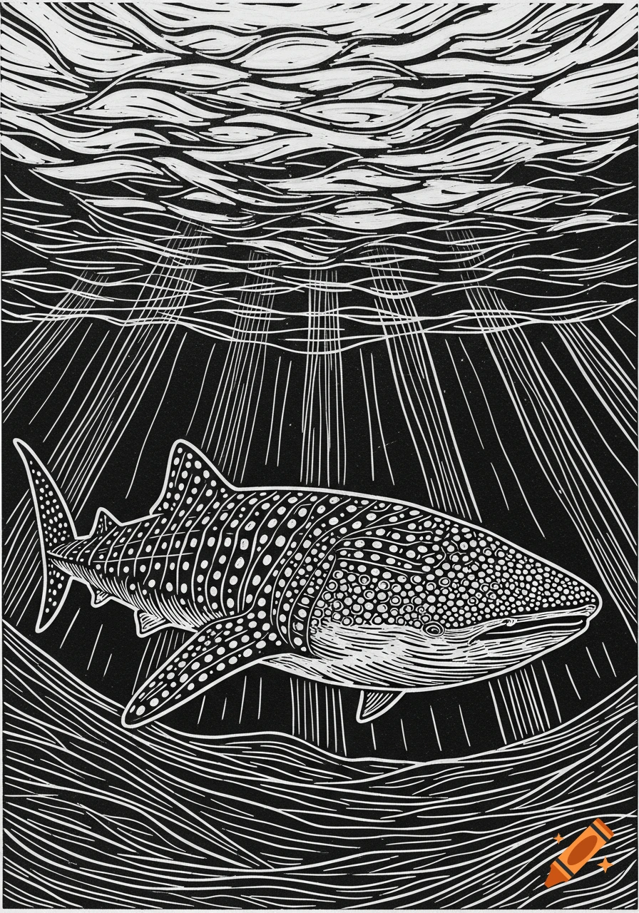 Black and white lino art print of a whale shark swimming underwater with light rays from above.