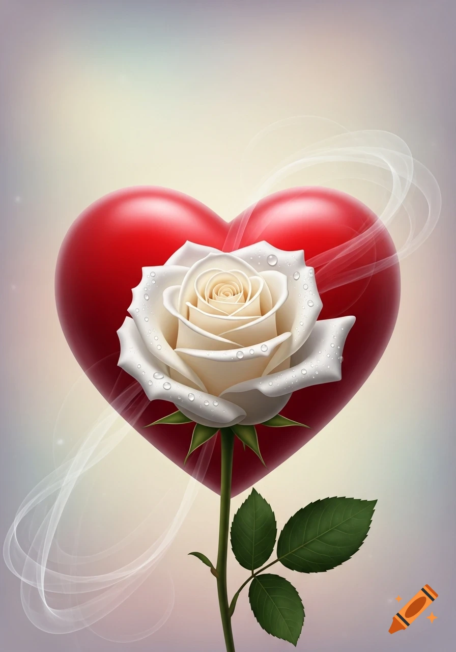 A white rose with dewdrops centered in front of a glossy red heart, with glowing white lines behind it.