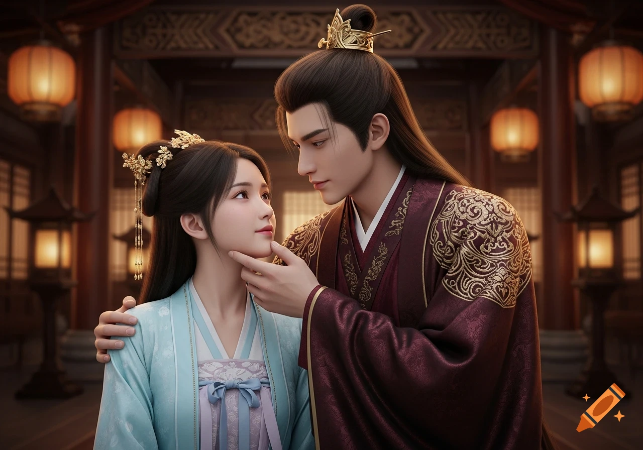 Photorealistic cinematic portrait of a regal Chinese man cupping a woman's face in an ornate palace hall.
