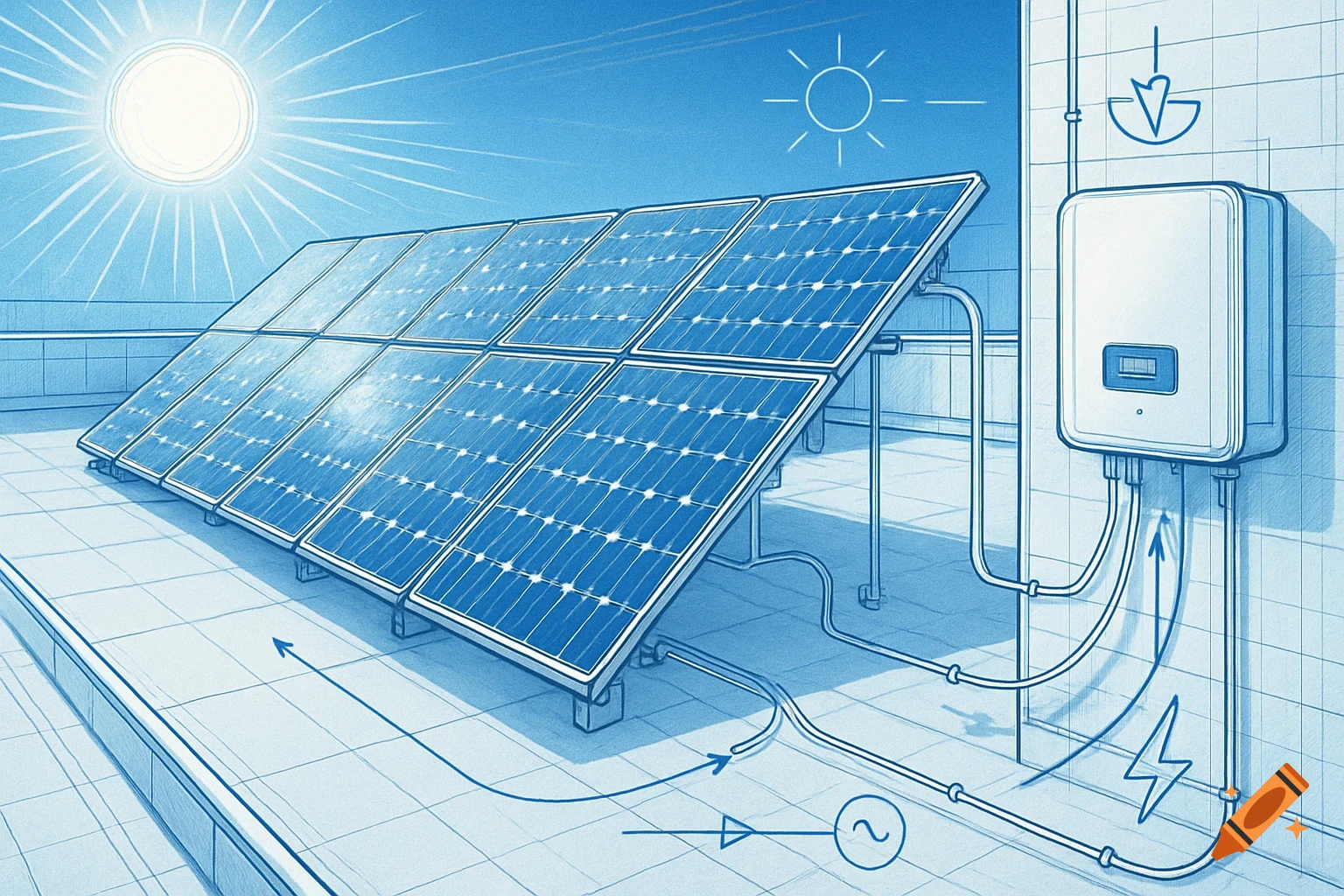 Blueprint diagram of a solar panel system on a rooftop, with panels, inverter, and energy flow symbols.