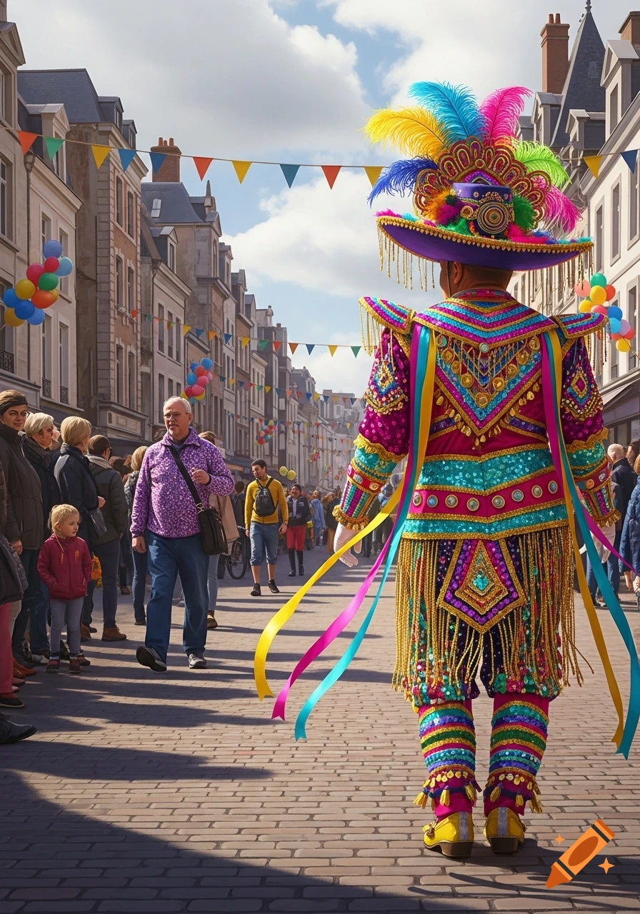 A person in an elaborate, colorful carnival costume with a feathered hat walks down a street filled with people, flags, and balloons.
