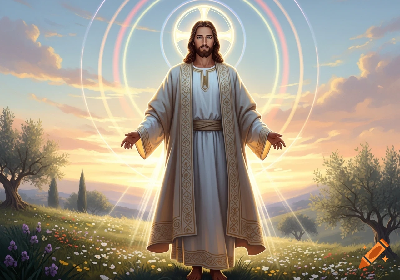 Digital painting of Jesus Christ with outstretched arms, standing in a field of wildflowers under a glowing halo and colorful sunset sky.