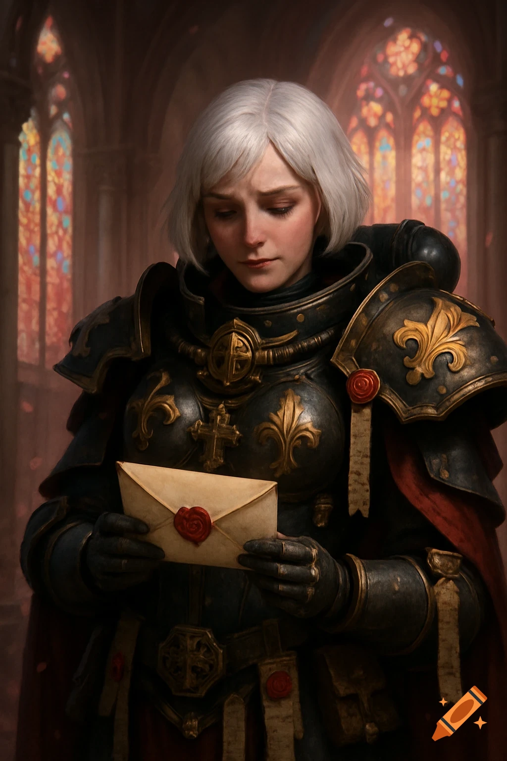 A solemn Sister of Battle with white hair in black power armor holds a sealed love letter in a cathedral.
