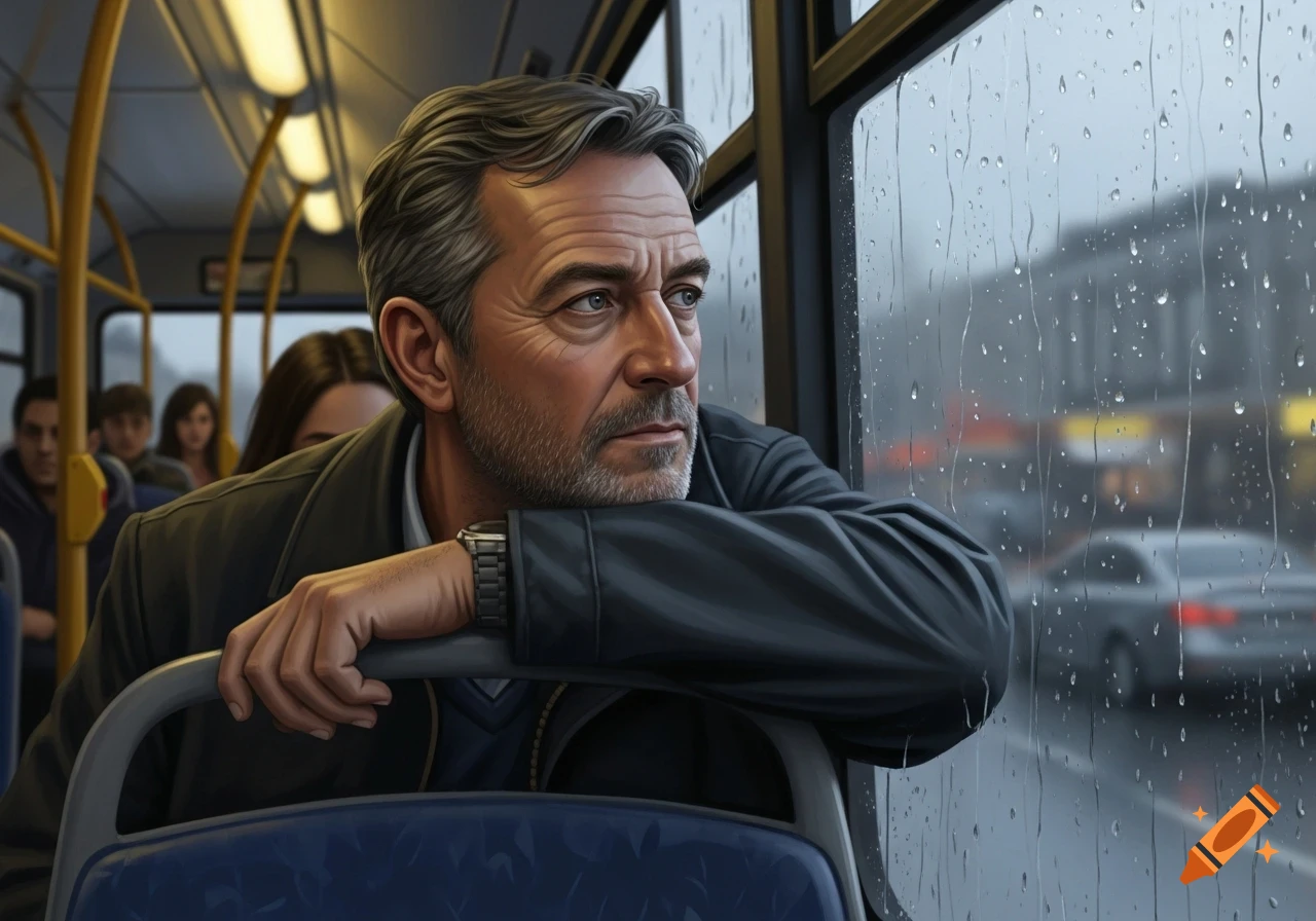 A middle-aged man with graying hair and a beard looks contemplatively out a rainy bus window from inside a moving bus.