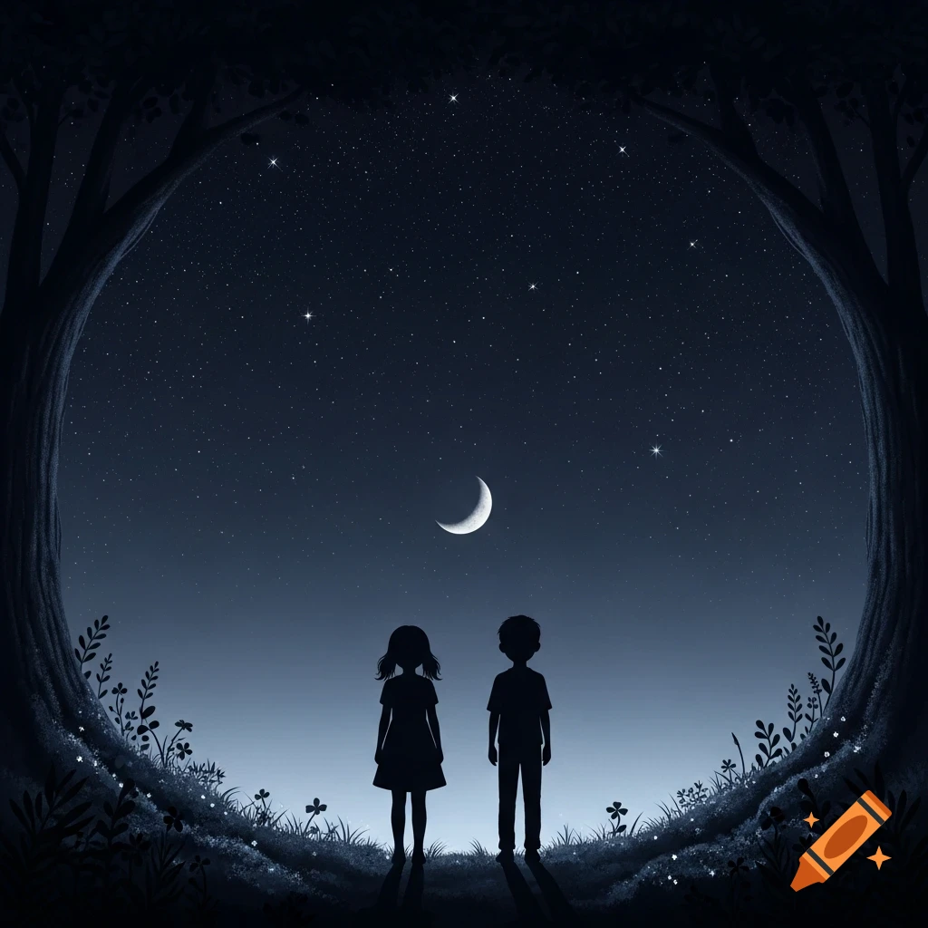Silhouettes of two children standing in a forest clearing at night, looking up at a starry sky with a crescent moon.