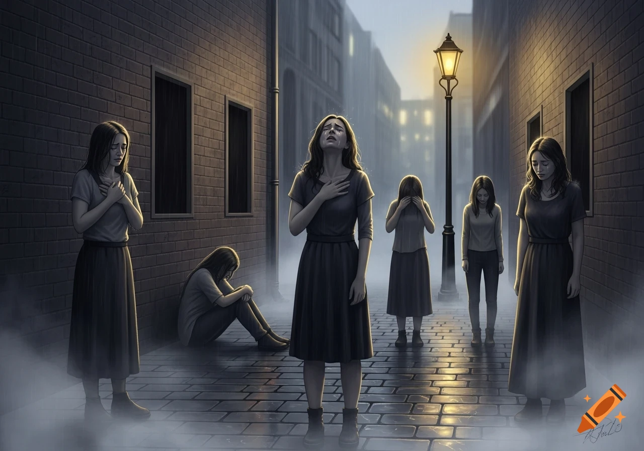 Multiple women express despair in a dimly lit, rainy city alley with cobblestone ground and a glowing streetlamp.