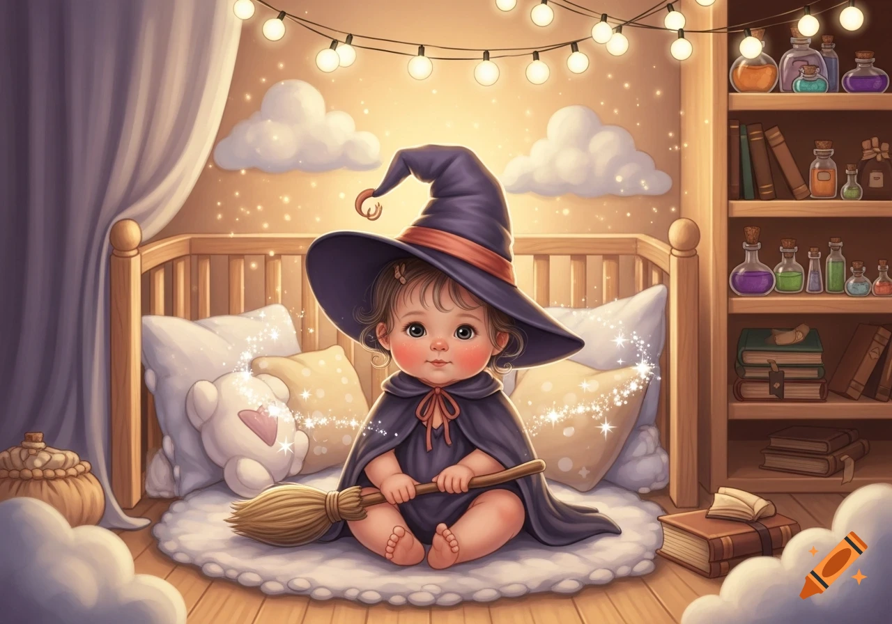 Cute baby witch in a purple hat and cape, holding a broom, sitting in a magical nursery with string lights, books, and potions.