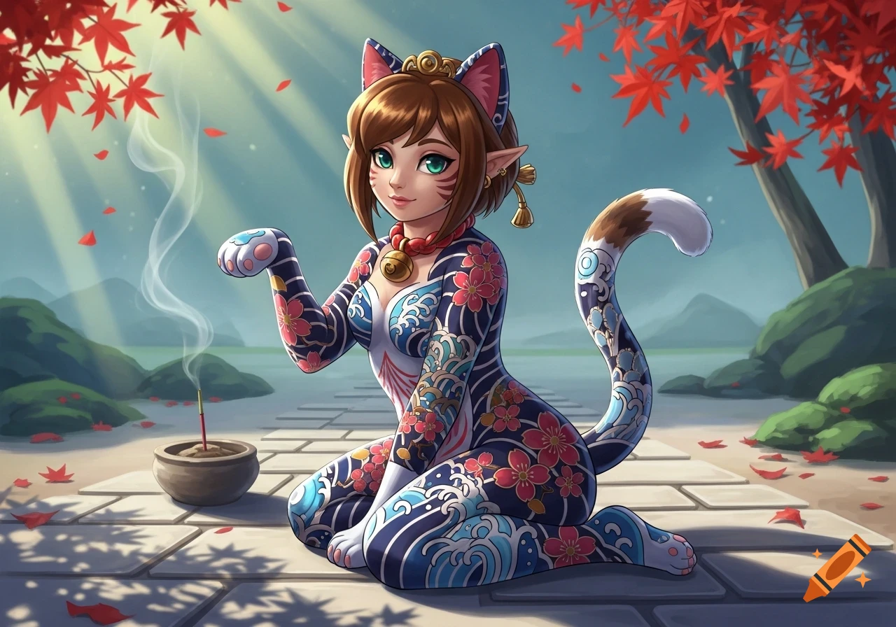 Anime cat-girl character with Japanese tattoos kneeling on a stone path with red maple leaves and burning incense.