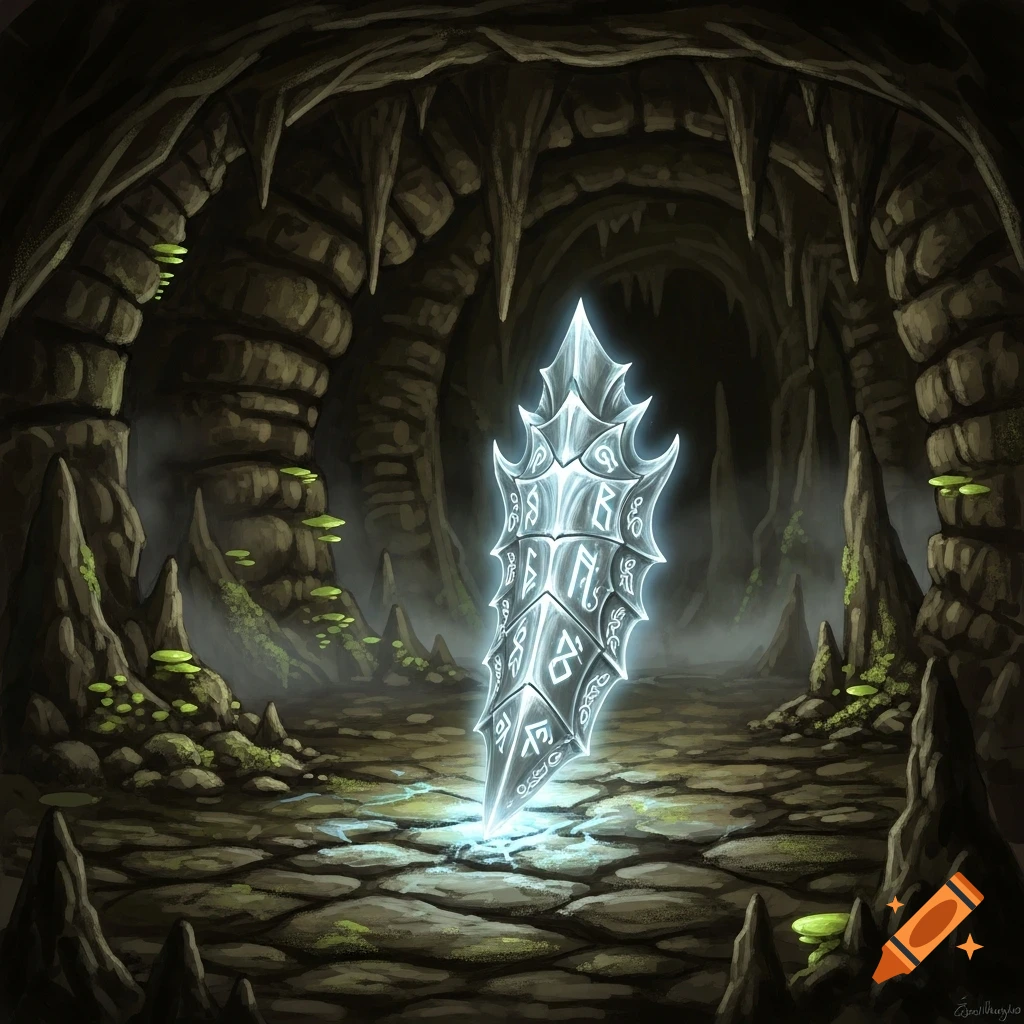 A glowing, runic-covered crystal stands upright in a dark, mysterious cave with stalactites and glowing fungi.