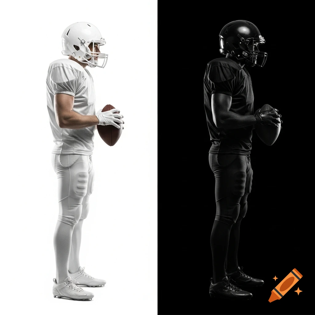 Two identical American football players in profile, one in a white uniform on a white background, the other in a black uniform on a black background, both holding footballs.