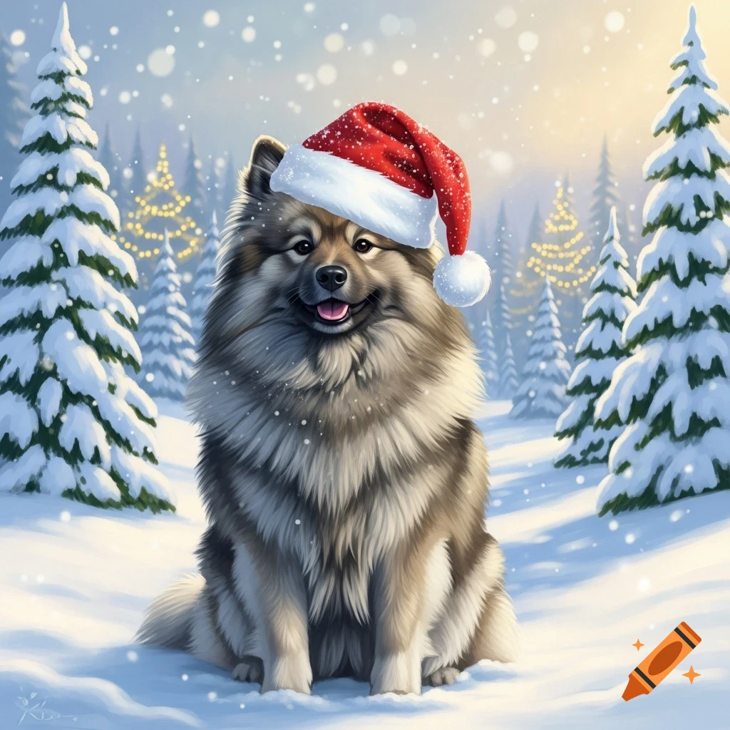 A fluffy Keeshond dog wearing a red Santa hat, sitting in a snowy winter forest with festive evergreen trees and falling snow.
