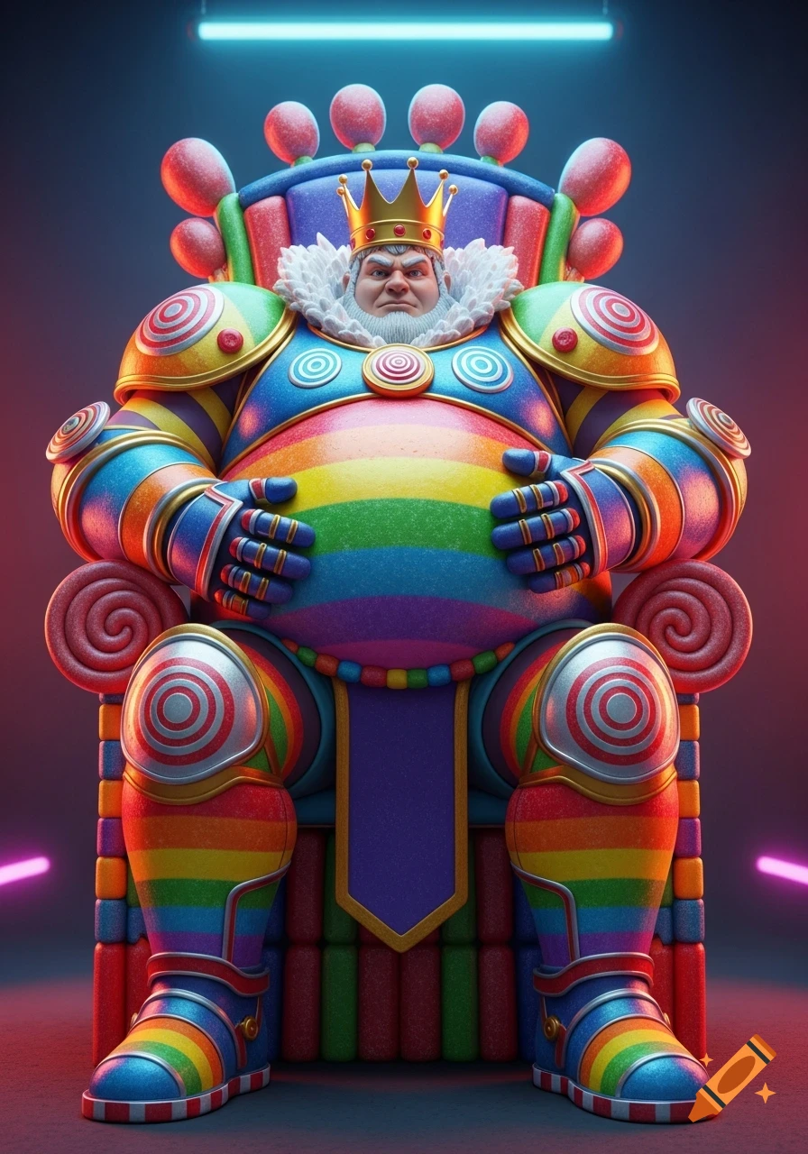 A majestic, obese candy king in vibrant rainbow armor and a gold crown sits on a small candy throne, clutching his large belly in a neon-lit room.