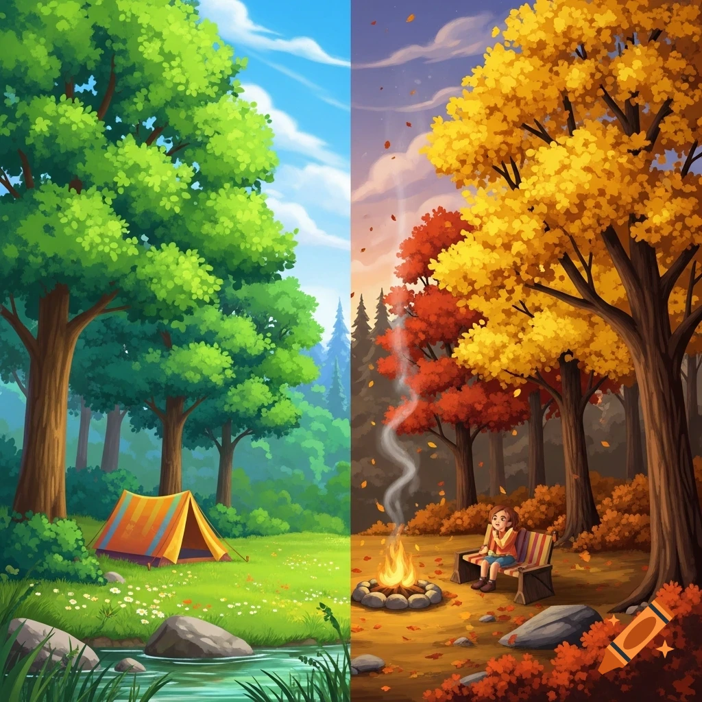 A split illustration showing a summer camping scene with a tent and green trees, and an autumn scene with a campfire and colorful trees.