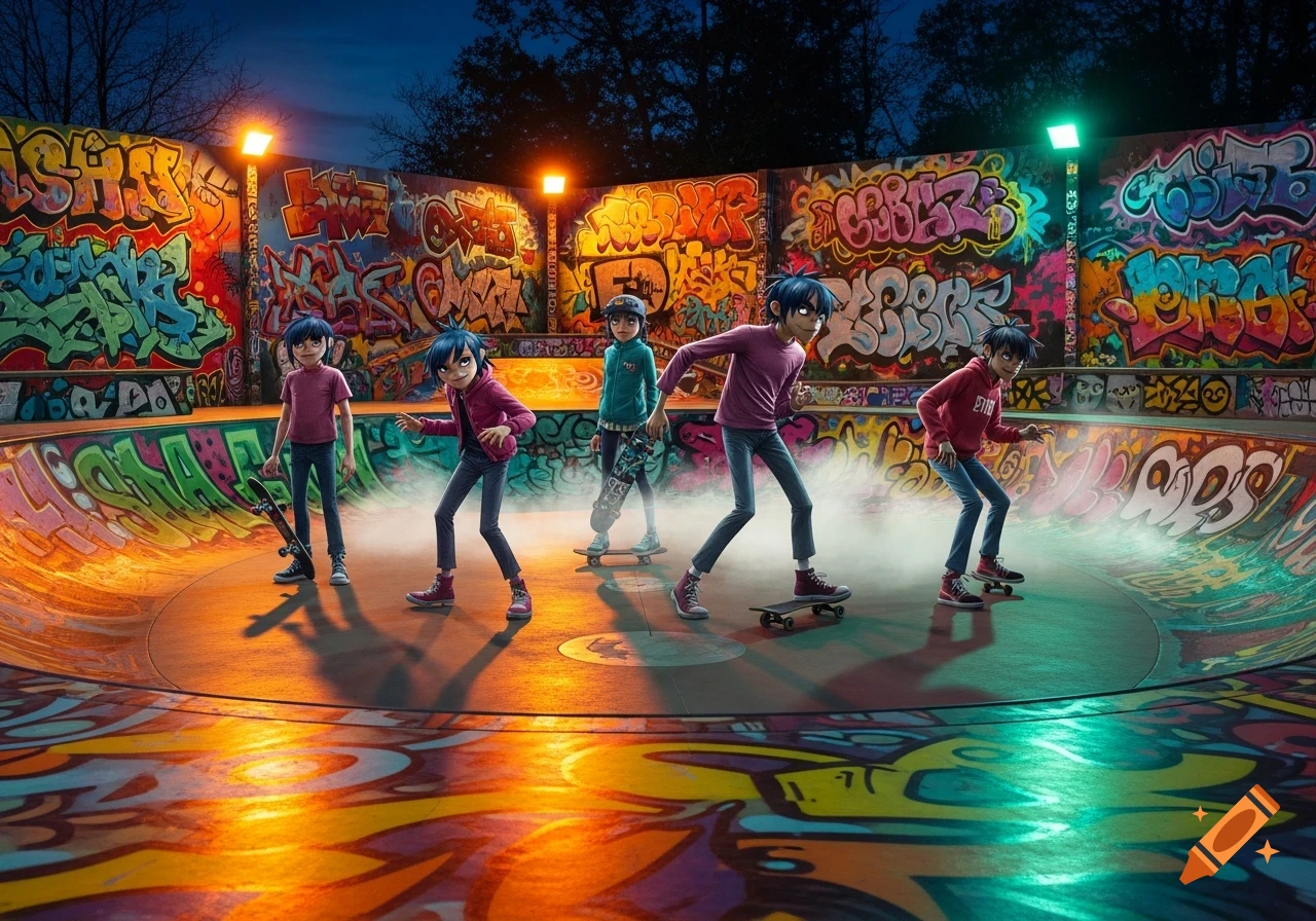 Cartoon characters resembling the Gorillaz band skate in a vibrant, graffiti-covered park illuminated by glowing lights at night.