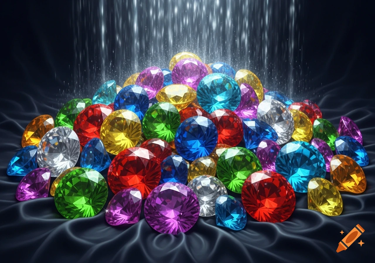A large, photorealistic pile of colorful faceted gemstones in red, orange, yellow, green, blue, purple, and pink, sparkling on a dark surface.
