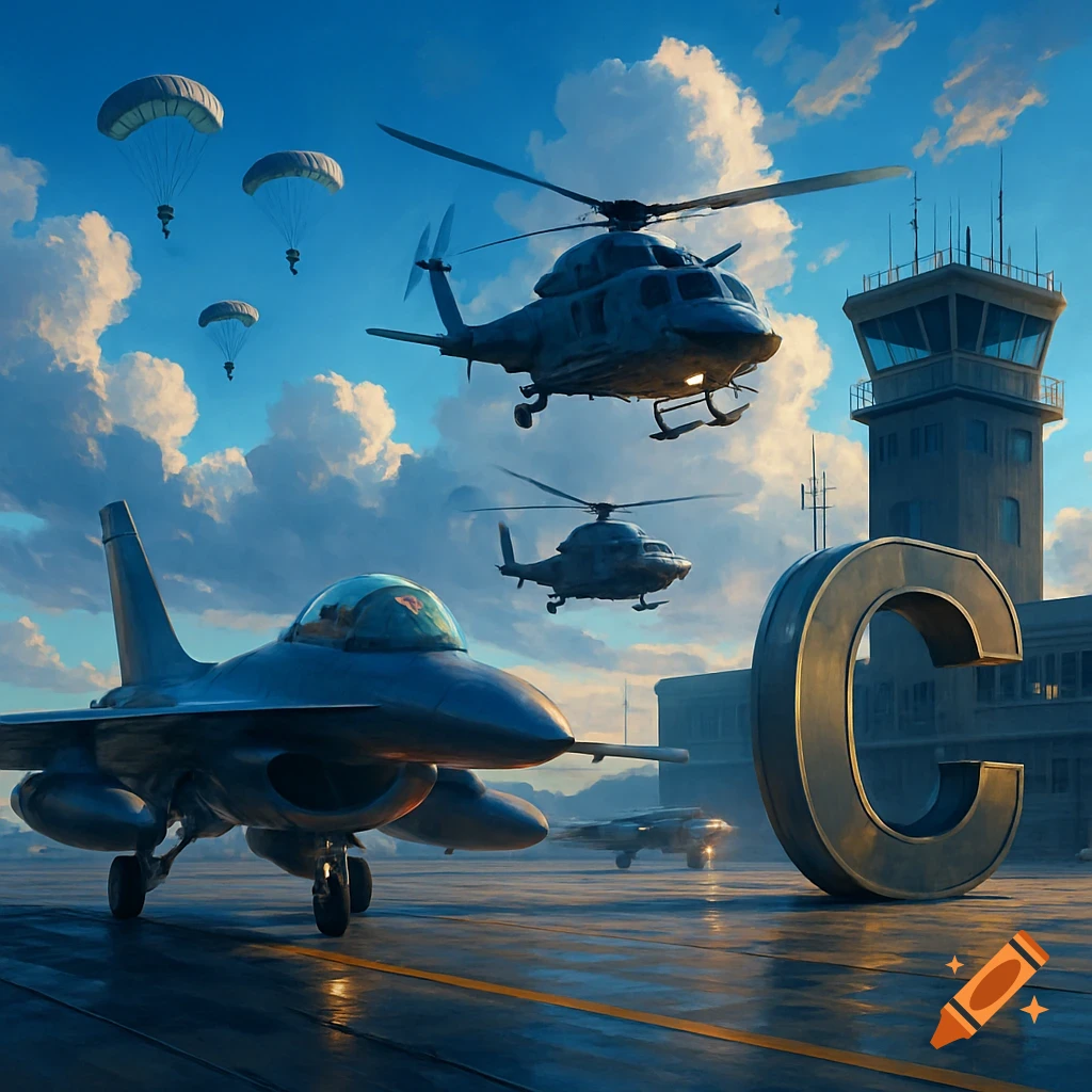 Military jets and helicopters on an airport runway with paratroopers descending from the sky and a large 'C' letter, photorealistic style.