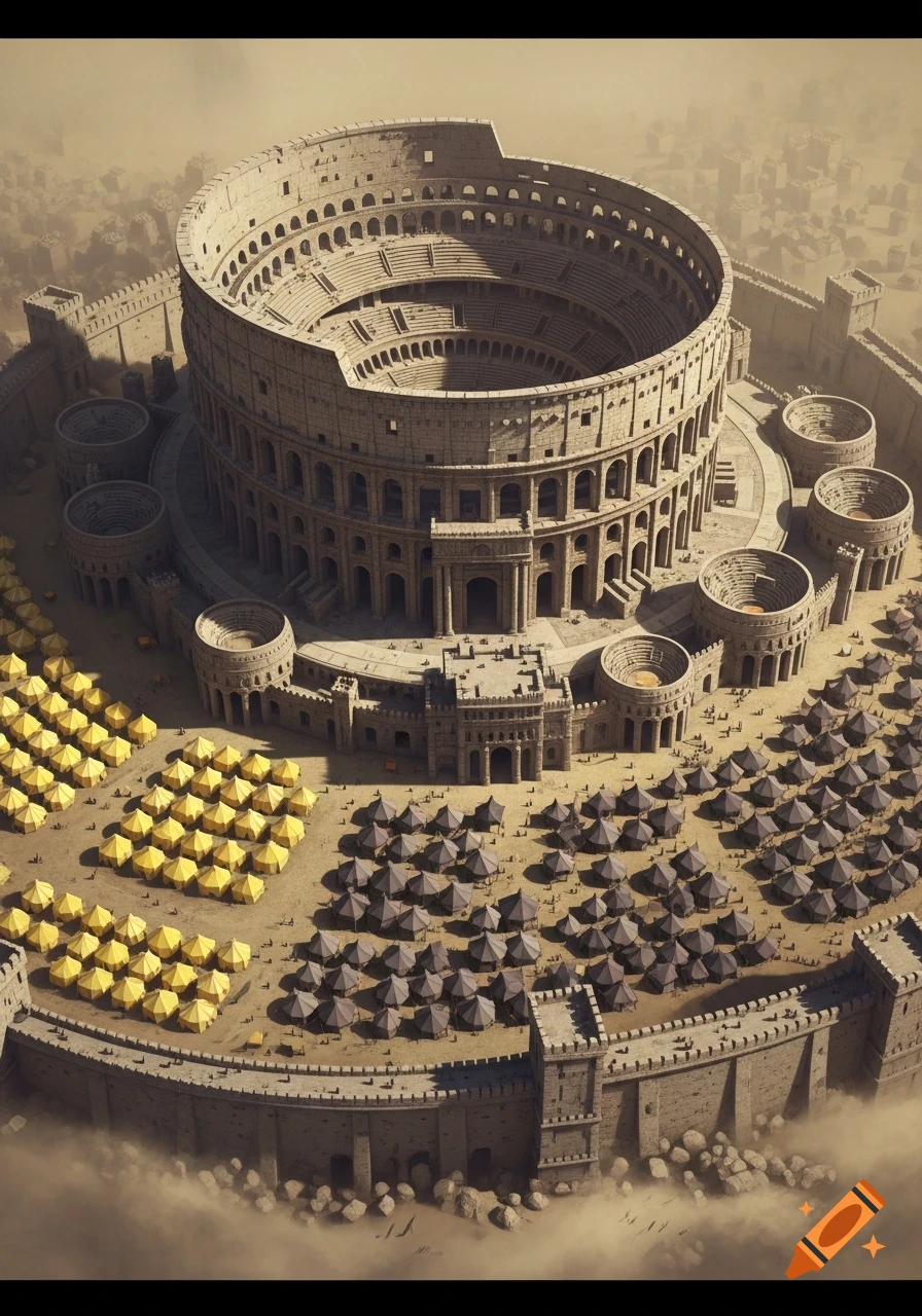 An aerial view of a colossal ancient colosseum and surrounding encampment of yellow and dark tents, veiled in a dusty haze, fantasy illustration.