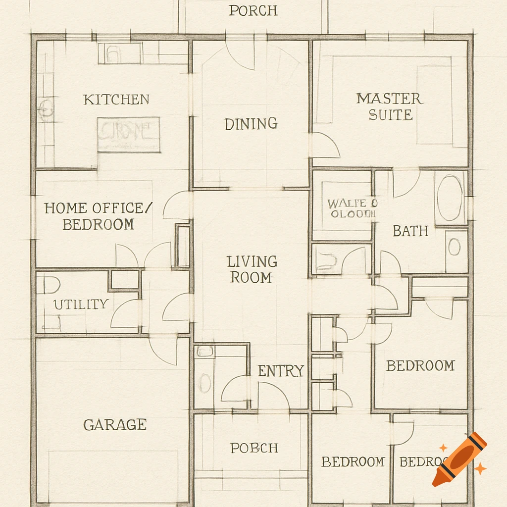 A hand-drawn style floor plan of a typical American home, showing rooms like Kitchen, Dining, Living Room, Master Suite, Bedrooms, and Garage.