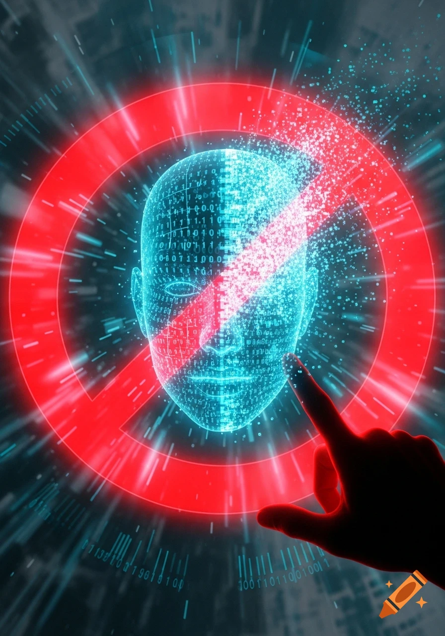 A glowing blue wireframe human head made of binary code, covered by a red prohibition symbol. A silhouetted hand touches the head.