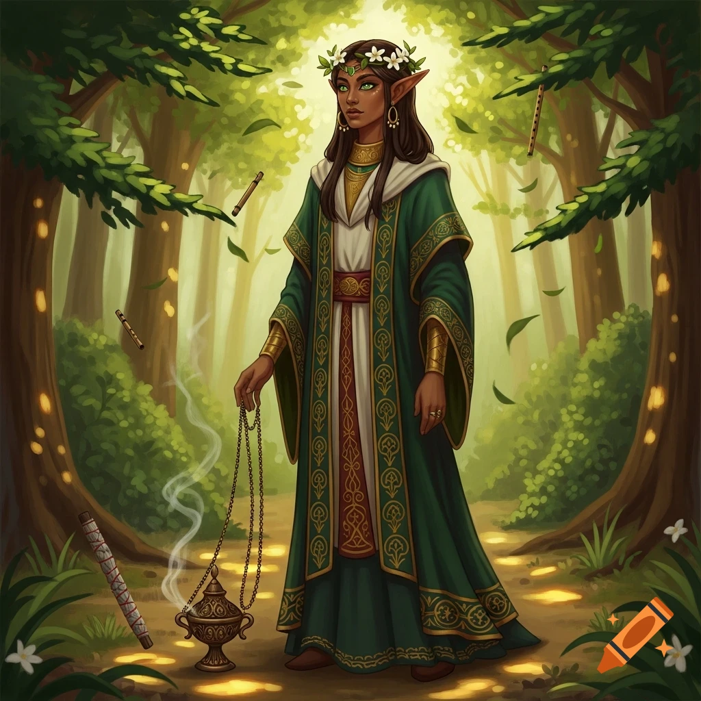 An illustration of a female elf with dark skin, wearing a green and white robe, holding a censer in an enchanted forest.