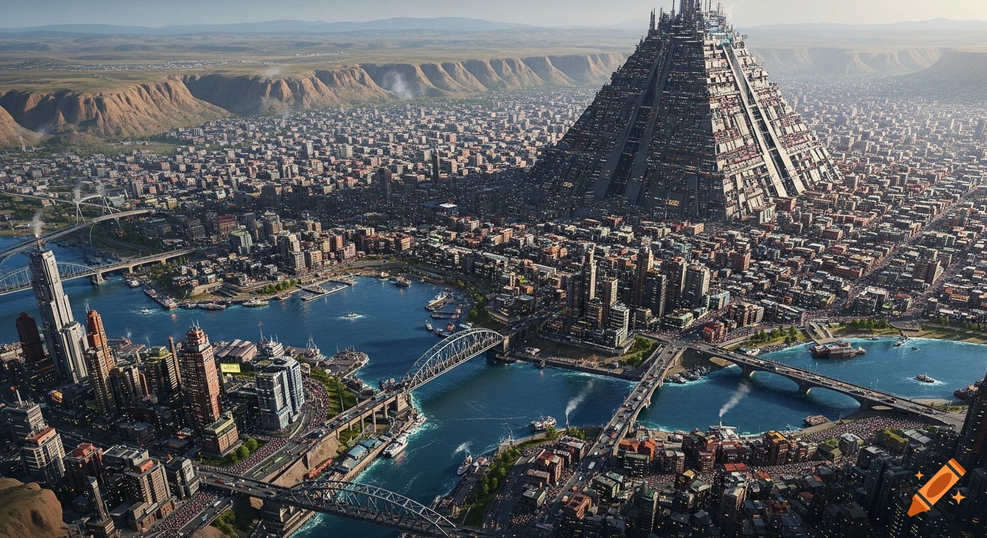 Aerial view of a colossal, hyper-dense futuristic megacity with a mile-tall pyramid, rivers, bridges, and endless buildings.