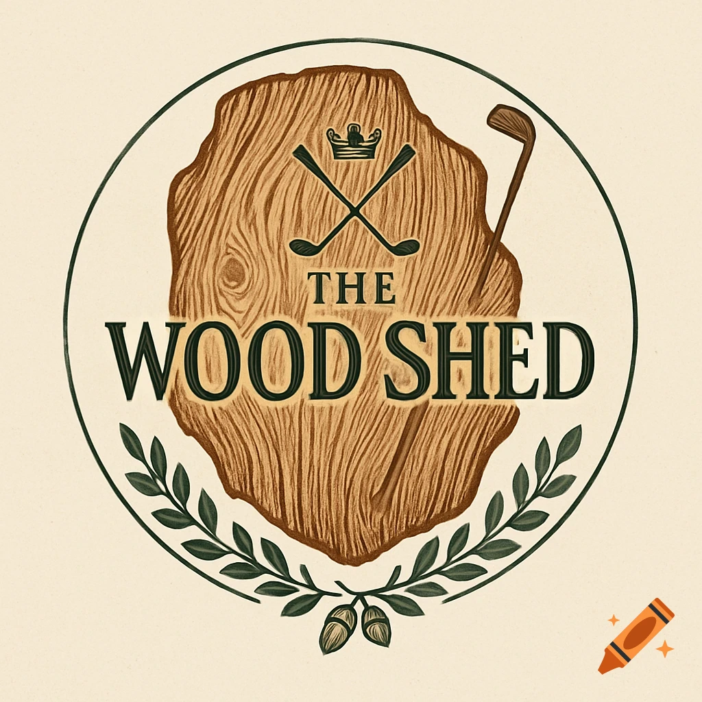 Circular logo for 'The Wood Shed' golf simulator featuring crossed golf clubs, a crown, wood grain texture, and laurel leaves.