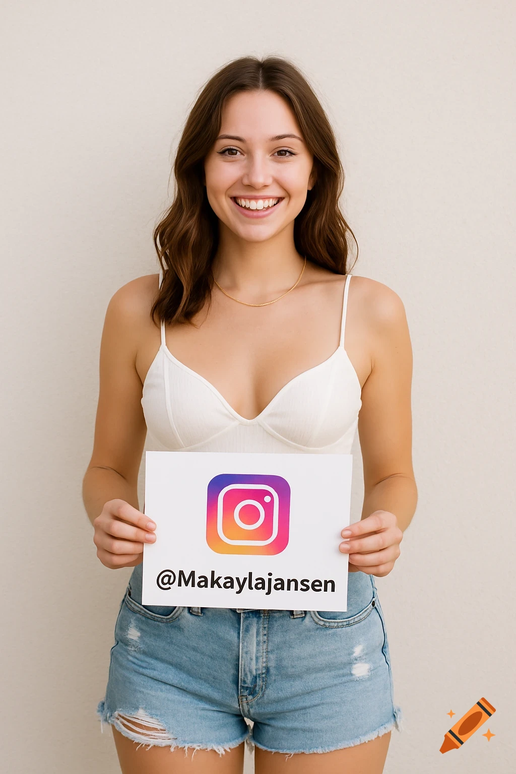A young woman in a white top and denim shorts smiles, holding a sign with an Instagram logo and text '@Makaylajansen' against an off-white wall.