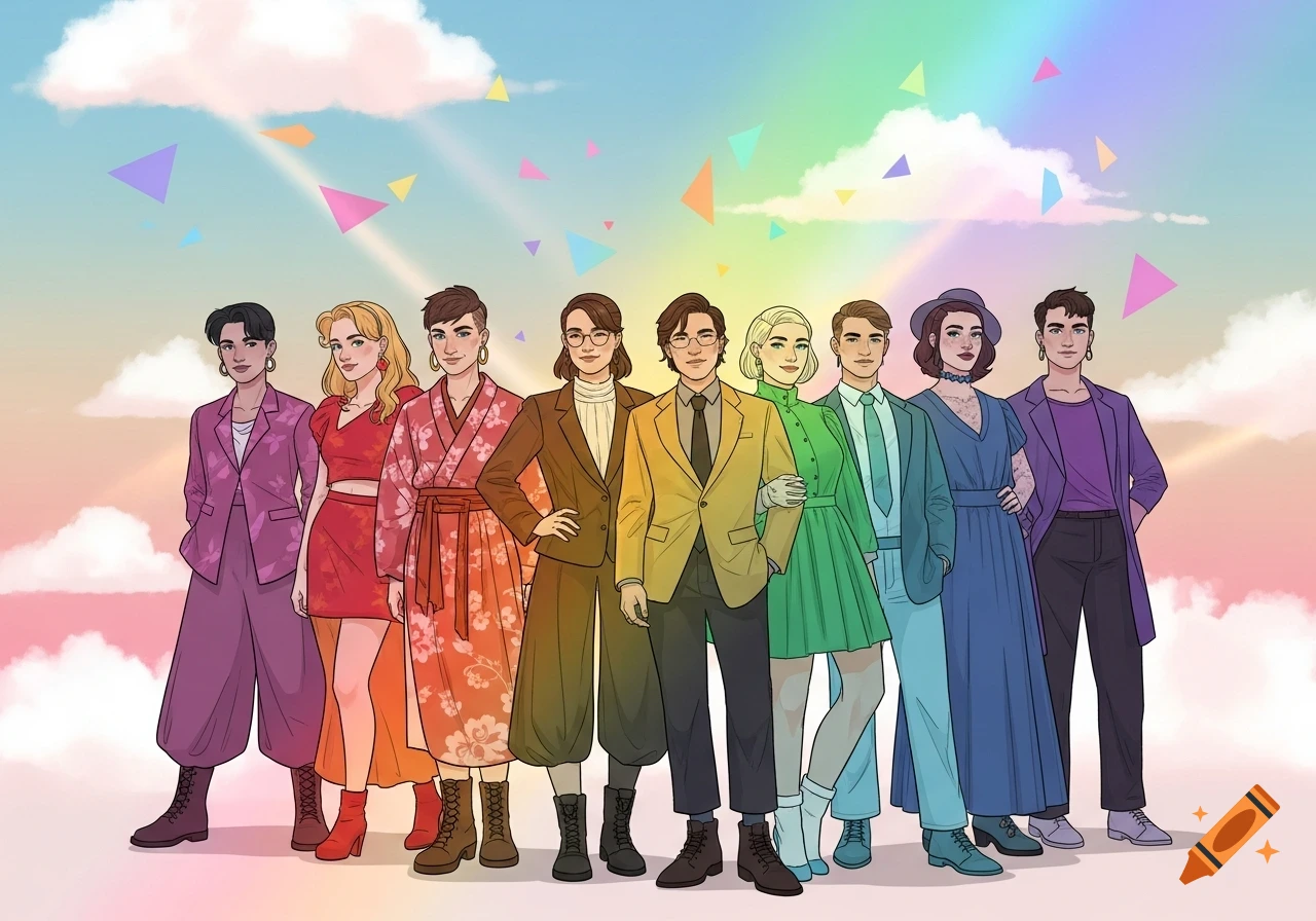 An illustration of nine diverse people in colorful clothing standing against a vibrant sky with a rainbow and geometric shapes.