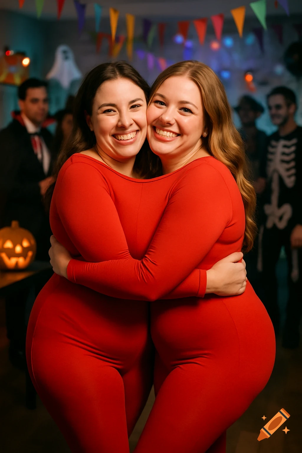 Two smiling women in red bodysuits hug closely, creating a two-headed illusion at a Halloween party.
