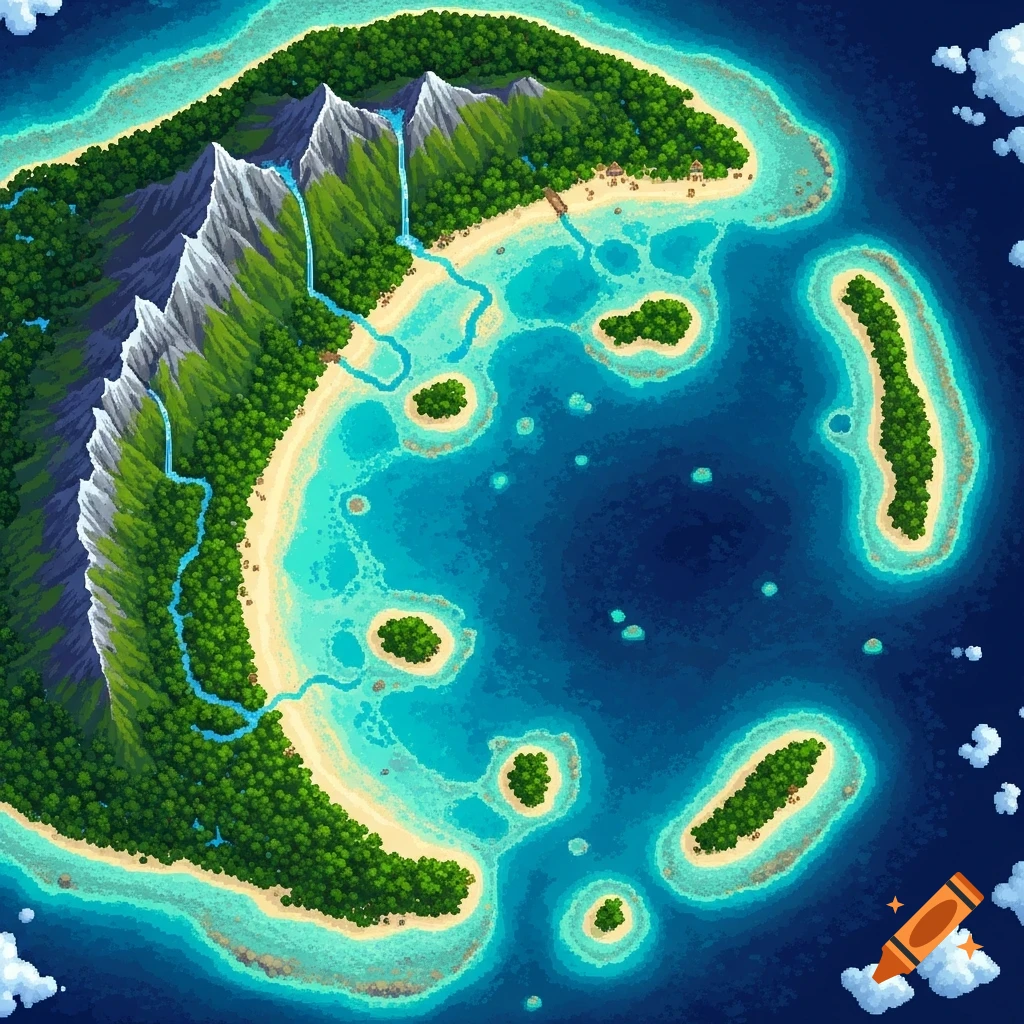 A vibrant top-down pixel art map of a crescent-shaped island featuring towering mountains, cascading waterfalls, sandy beaches, and a clear blue ocean with smaller islands forming an archipelago.