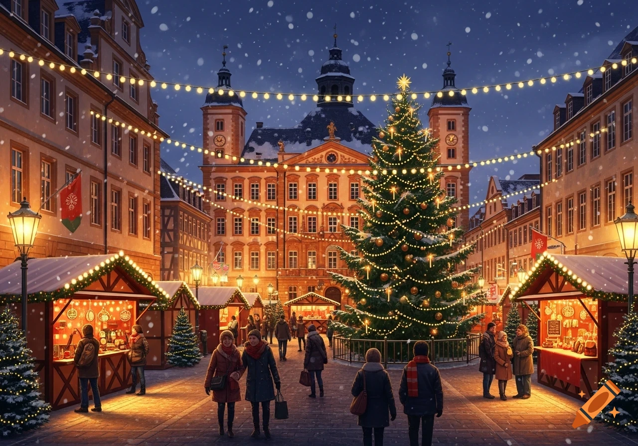 A bustling Christmas market in a snowy town square at night, featuring ...