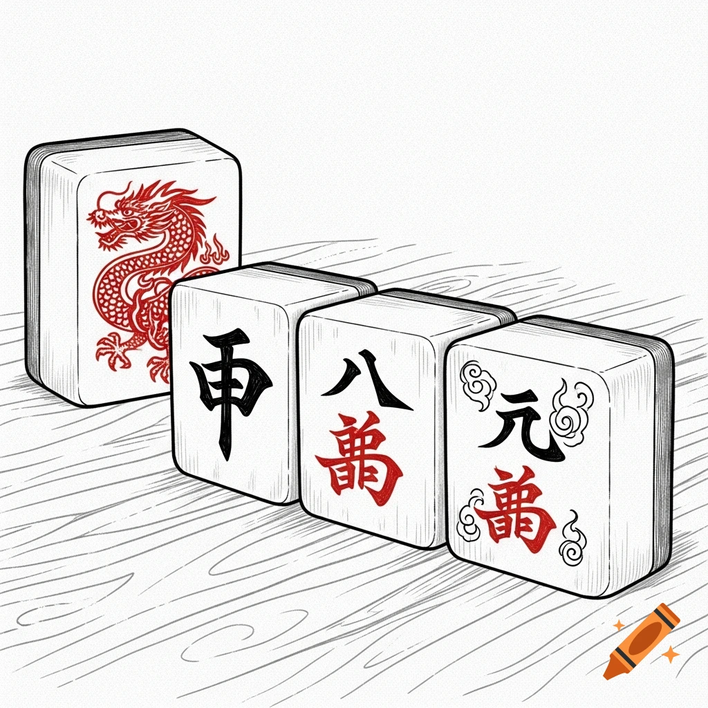 Illustration of four mahjong tiles with red and black symbols on a white background with a wood grain texture.