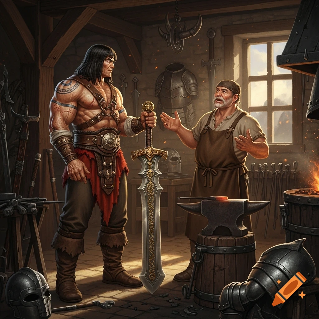 Conan the Barbarian holds a large ornate sword and discusses it with a blacksmith in a detailed fantasy workshop.