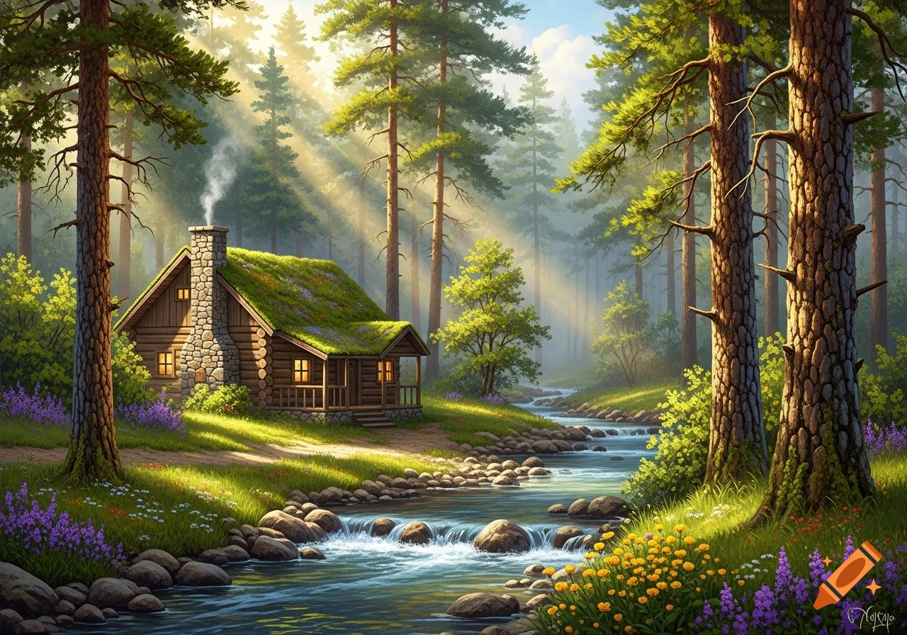 Digital painting of a log cabin with a mossy roof and smoking chimney by a rocky stream in a sunlit pine forest with wildflowers.