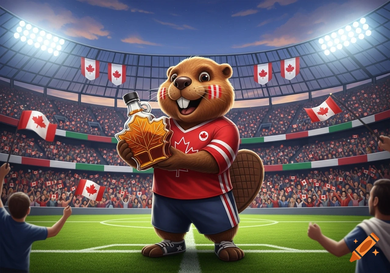 A friendly beaver mascot in a red and white jersey holds a maple leaf-shaped bottle of maple syrup in a bustling stadium filled with Canadian flags.