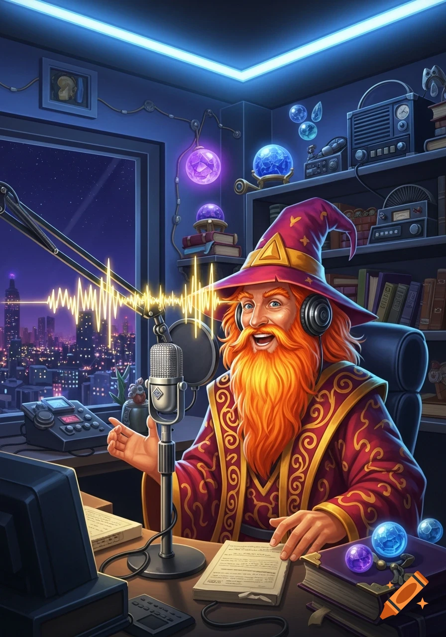 Colorful illustration of an orange-bearded wizard with headphones speaking into a mic in a radio studio overlooking a city.