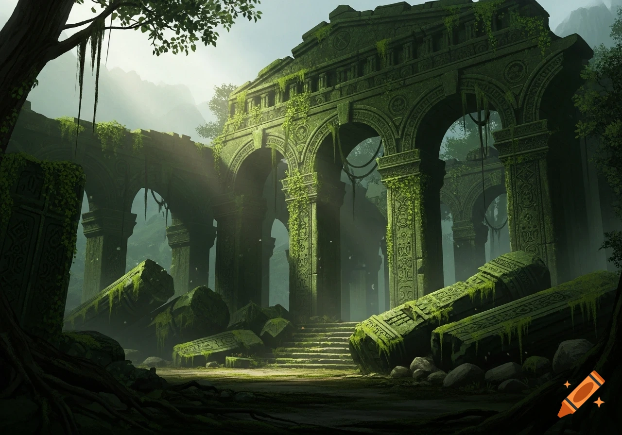 Lush green moss covers ancient stone ruins, featuring arches, pillars, and fallen blocks, amidst a misty, overgrown jungle landscape.