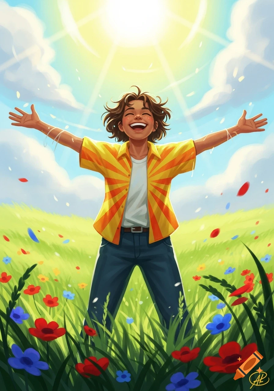 A joyful person with arms outstretched stands in a vibrant flower field under a bright sun, in an animated illustration style.