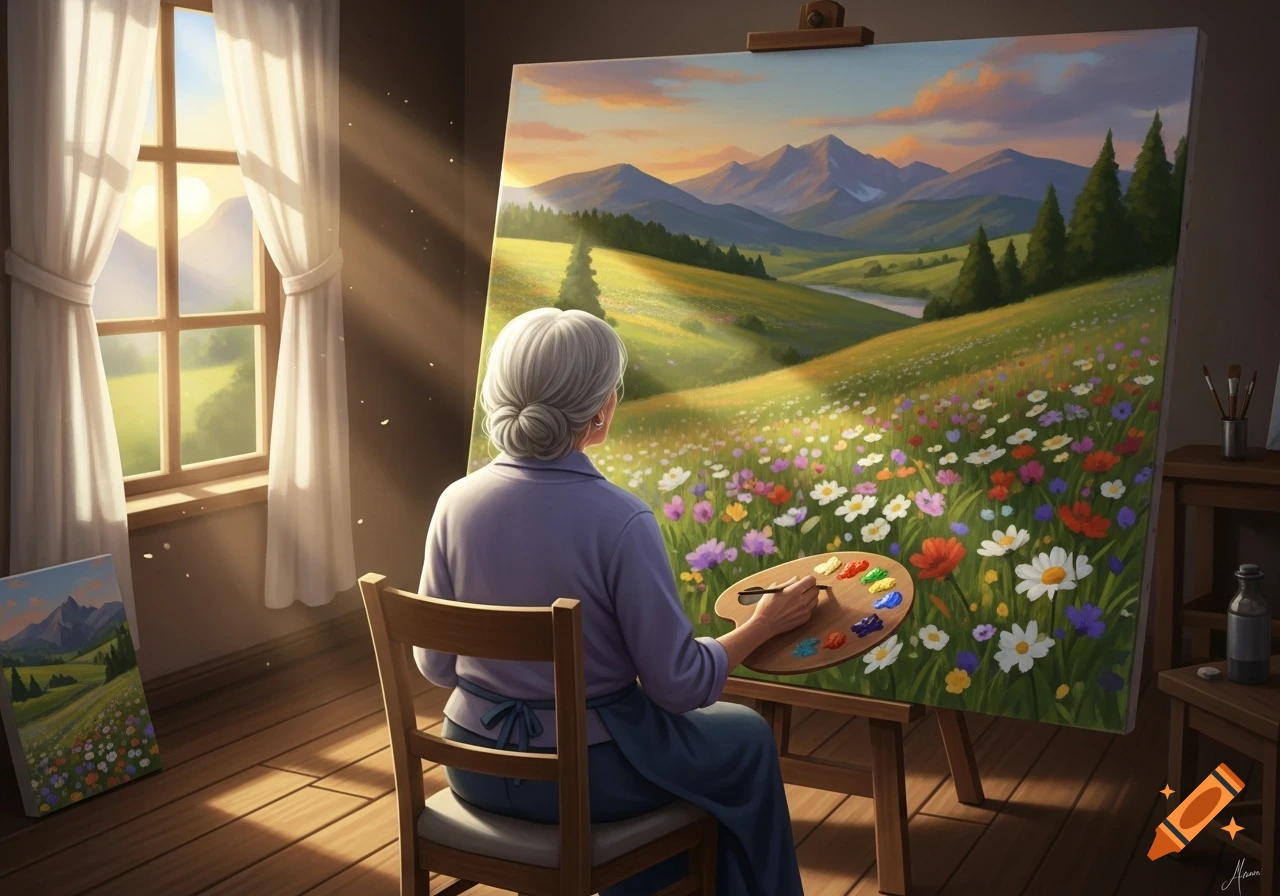 An older woman with gray hair paints a vibrant mountain landscape with a field of wildflowers, sunlight streaming through a window.